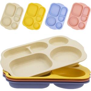 Divided Plates Set, Wheat Straw Portion Control Plate, Reusable Round Divided Plates for Adults, Lightweight Bariatric Plate with Compartments (Rectangular-Set of 4 Q)