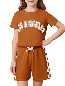 Dorbee Toddler Girl Summer Outfits Plaid Print Short Set Athletic Sets and School Girl Outfit, Light Brown, 6-7 Years