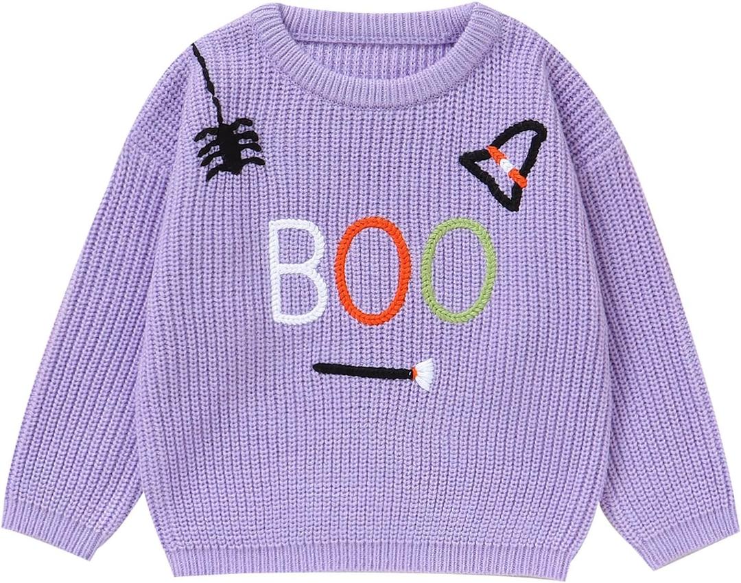 Toddler Girl/Boy Halloween Sweater Boo Hand Embroidered Knitted Pullover Fall Winter Clothes 1-5T (Purple)