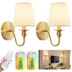 Battery Operated Wall Sconce Set of 2,Wireless Wall Sconces with 10000 mAh,RGB Rechargeable Sconces with Remote,Cordless Wall Lights for Bedroom,Living Room,Bathroom,Renter Friendly Home Decor (Gold)