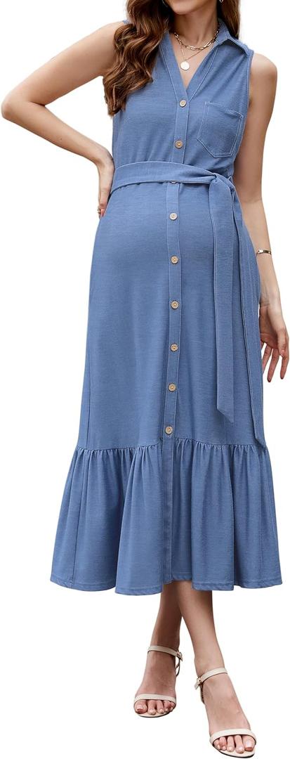 OUGES Womens 2025 Spring Maternity Dress Polo V Neck Sleeveless Ruffle Button Pregnancy Casual Work Dress with Pockets (Large, Light Blue)