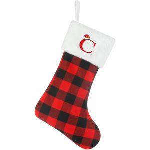Senneny Christmas Stockings with Initials, 20 Inch Large Red Black Buffalo Plaid Monogram Xmas Stockings with White Plush Faux Fur Cuff, Christmas Decorations for Family Holiday Party, Letter C