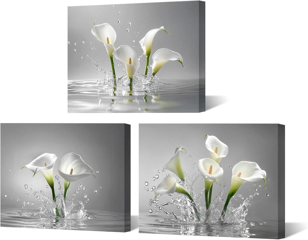 Muzenso White Calla Lily Wall Art Set of 3 12x16 Inch Water Splash Flower Canvas Prints Modern Floral Artwork for Bathroom Bedroom Living Room Spa Office Decor Stretched Canvas Ready to Hang