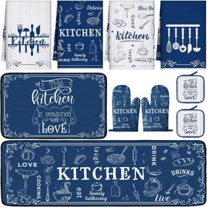 10 Pcs Farmhouse Kitchen Decor Set 4 Navy Blue Kitchen Dish Towels 2 Blue and White Pot Holders 2 Oven Mitts 2 Rustic Rugs Mats for Floor for Home Decorations Cooking Baking Mom Gifts Accessories