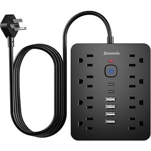 Bawmwim Surge Protector Power Strip, 8 Outlets(1250W/10A), 6 USB Charging Ports(2 USB C), 6FT Flat Plug Extension Cord Outlet Extender with Overload Protection, ETL Certified for Office, Dorm Room