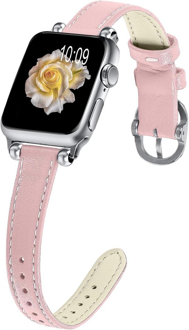 JOYOZY Slim Leather Band for Women Compatible with Apple Watch 49MM 45MM 44MM 42MM 41MM 40MM 38MM, Cute Fancy Top Genuine Leather Strap for iWatch Ultra, Series SE/9/8/7/6/5/4/3/2/1 (Pink/Silver)