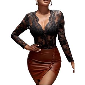 SOLY HUX Women's Lace Long Sleeve Bodysuit V Neck Sheer Mesh Sexy Body Suits Going Out Tops (Medium, Plain Black)