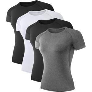TELALEO 4 Pack Women's Compression Shirt Running Athletic T-Shirts Workout Tops Baselayer Short Sleeve Yoga Gym Sports Gear (Gray, L)