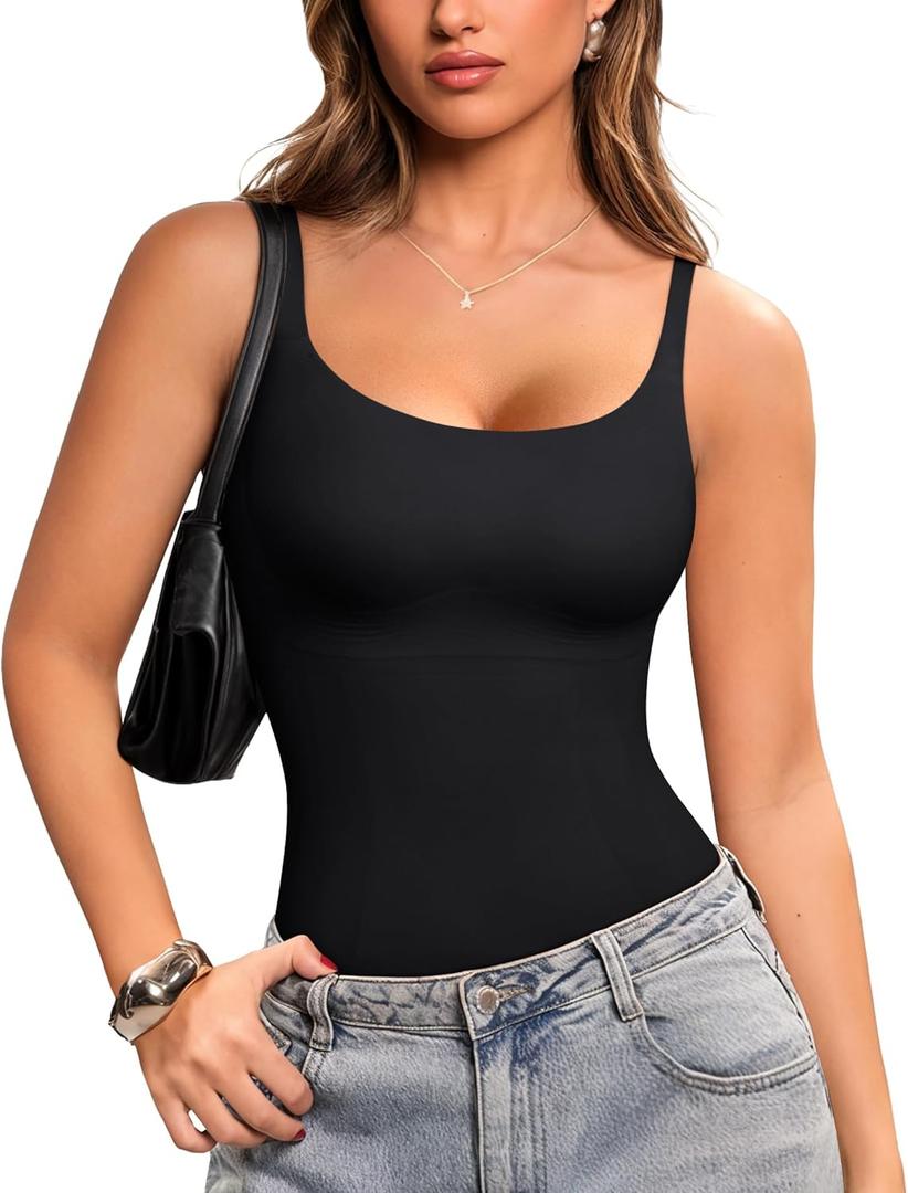 LODAY Compression Tank Tops Women Shapewear Tummy Control Body Shaper Scoop Neck Camisole Tops (Medium, Black)