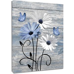 MYUSRE Blue and White Flower Wall Art for Bathroom, Farmhouse Daisy with Butterfly on Retro Wooden Canvas Wall Art Country Wildflower Pictures for Bedroom Home Wall Decor, 20L X 16W inches