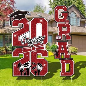 Graduation Yard Sign Class of 2026 Decorations, 4pcs Large Size Red and Black Congrats Grad 2026 Lawn Yard Sign with Stakes for High School College Indoor Outdoor Graduation Party Decor Supplies