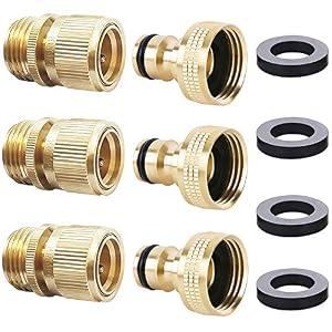 HQMPC Garden Hose Quick Connector Water Hose Quick Connect ¾ inch GHT Brass Easy Connect Fitting Quick Connect Hose Fittings Garden Hose Fitting Water Hose Connectors (3SETS)