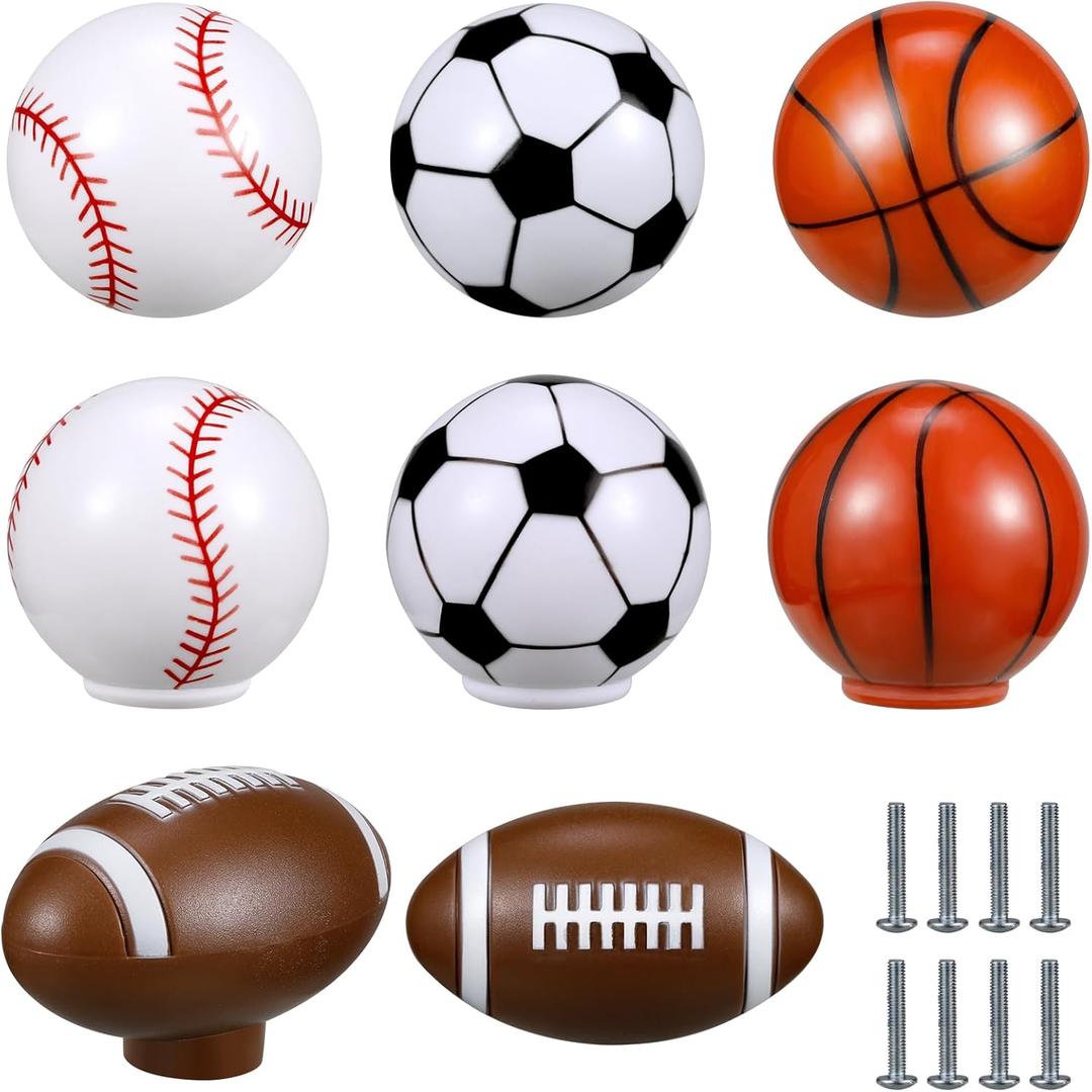 Menkxi 8 Pcs Sports Ball Dresser Knobs for Kids Baseball Basketball Dresser Drawer Knobs for Boys Football Soccer Sports Nursery Hardware Drawer Pulls Handles for Cabinet Party Decor (Classic Style)