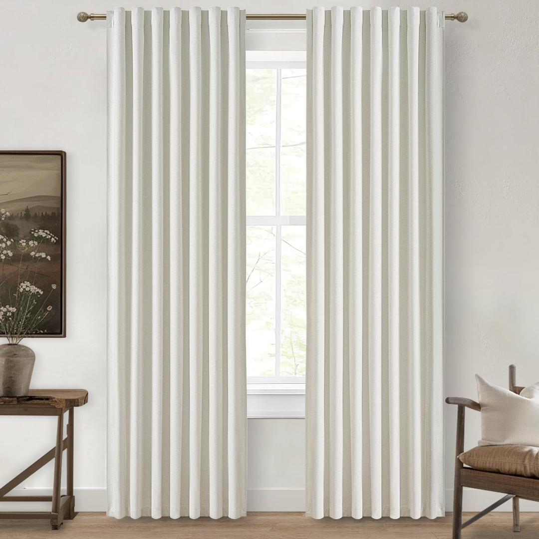 Beige White Linen Curtains 90 Inches Long 2 Panels Set, Modern Neutral Nursery Blackout Curtains for Kids Bedroom Thermal Drapes for Summer Heat Noise Reducing Hook Belt&Back Tab(W50 x L90)