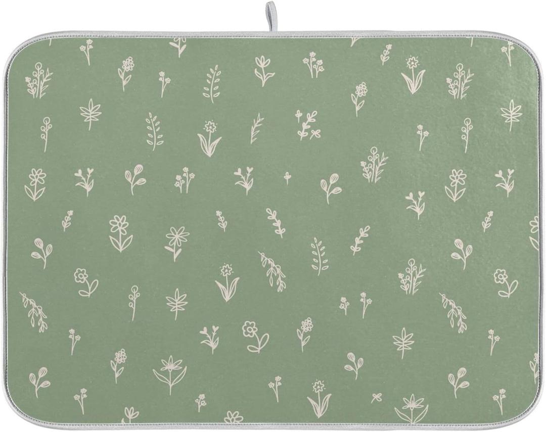 Sage Green Dish Drying Mat Quick Absorbent 18x24 Doodled Botany Flowers Leaves Herbs Plants Kitchen Drying Mat for Countertop Sink Reusable Dishes Mats Kitchen Essentials