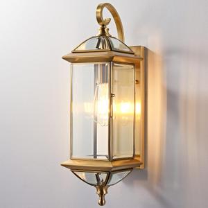 Large Solid Copper Outdoor Wall Light, 20" Satin Brass Porch Lantern with Beveled Clear Glass, Weather-Resistant Exterior Wall Sconce for Front Door, Garage & Entryway, E26 Base