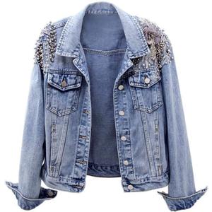 Kedera Women's Denim Jacket Long Sleeve Western Rivet Studded Washed Pearl Short Jean Coat (Medium, Blue)