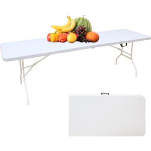 Portable 8Ft Plastic Folding Table, Heavy Duty 8ft Fold-in-Half Table with Carrying Handle, 8' Folding Utility Foldable Table for Picnic Party Camping Kitchen, Indoor/Outdoor (White)