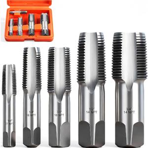 HORUSDY 5-Piece NPT Pipe Tap Kit with Heavy-Duty Storage Case, Premium Carbon Steel Threading Tools, 1/8"3/4" Tapered Pipe Taps for Fast, Clean & Reliable Plumbing Repairs
