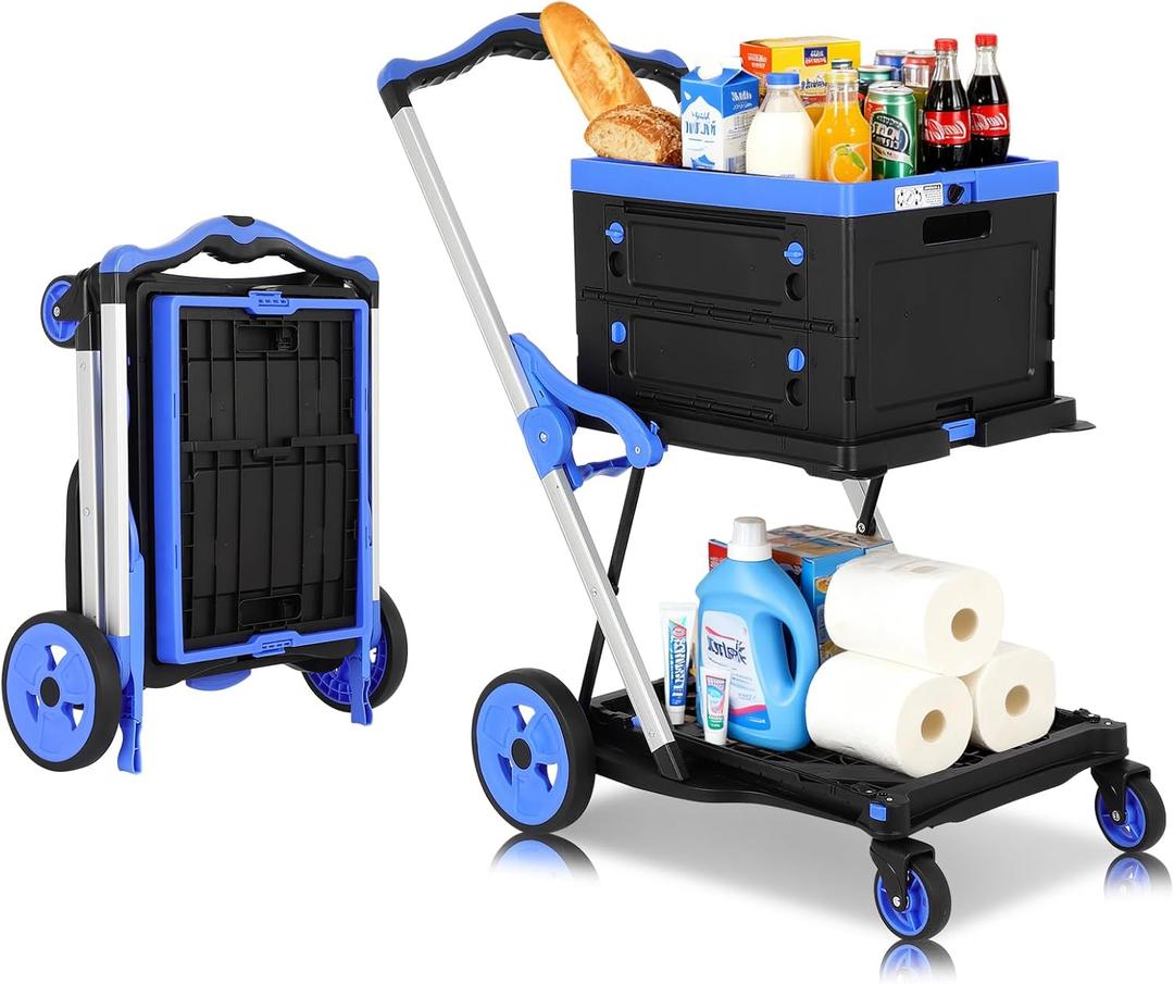 Collapsible Shopping Cart with Wheels: 200 LBS Capacity Blue Grocery Cart with Storage Crate, Platform Hand Truck with Foot Brake