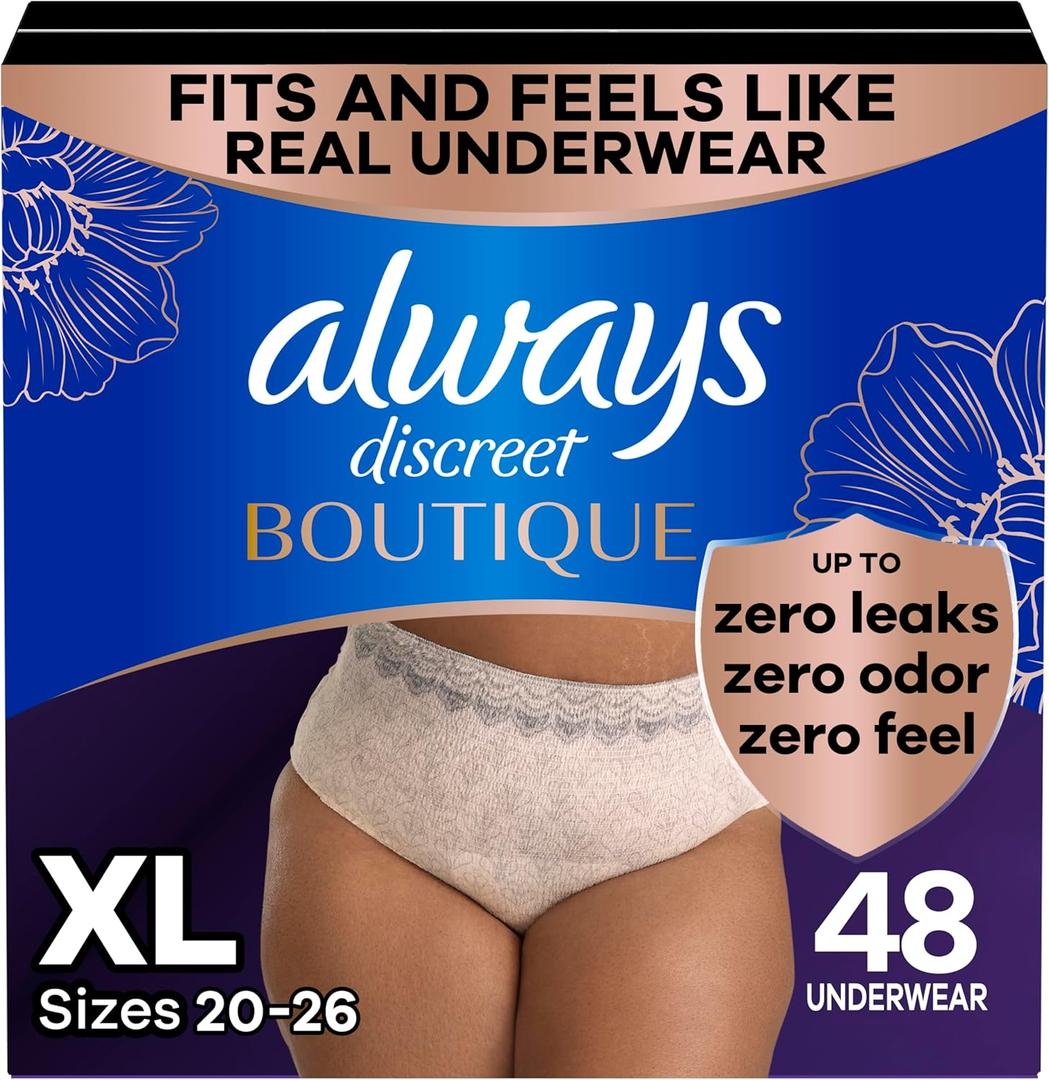 Always Discreet Boutique Adult Incontinence and Postpartum Underwear for Women, Maximum Protection, XL, Rosy, 48 Count (Packaging May Vary)