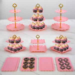 Pack of 10 NWK Cake Stand Set with 3X Two-Tier and 3X Three-Tier Cupcake Stands, 4 x Appetizer Trays Perfect for Birthday Baby Bridal Shower Party (Pink)