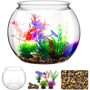 1 Gallon Plastic Betta Fish Bowl with 6 Pcs Artificial Plastic Plants and 500g Decorative Gravel, Betta Fish Tank and Decoration Accessories Small Large Bowl Ornaments Starter Kit