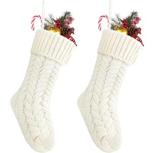 Fesciory 18 Inches Christmas Stockings Bulk, 2 Pack Large Size Cable Knitted Fireplace Hanging Stockings for Family Holiday Xmas Party Decorations, Ivory White