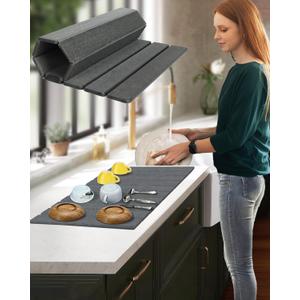 Large Stone Dish Drying Mat for Kitchen Counter, 24x16 Inches Foldable Food-grade Material Super Absorbent Diatomaceous Earth Mats with Self-drying for Dishes Sink Bathtub, Dark Grey (Dark Gray - 10 Slats)