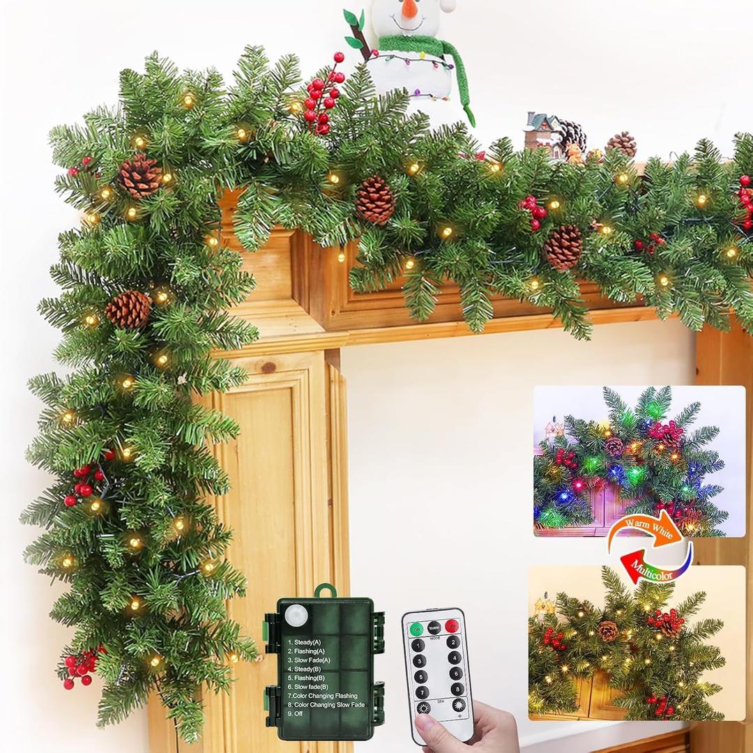 TURNMEON Dual Color Change 9 Ft Prelit Christmas Garland Remote Control Warm White & Multicolor Lights Timer 8 Modes Cedar Garland Christmas Decorations Thick Branch Berries Pinecones Indoor Outdoor