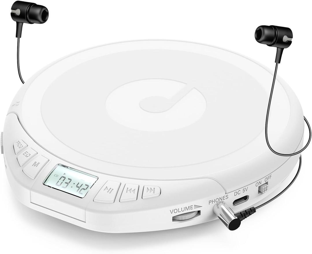 Gueray CD Player Portable CD Dsicman: with Earphones for Car with Anti-Skip Shockproof with LCD Display Support PROG Memory Repeat Function (White)