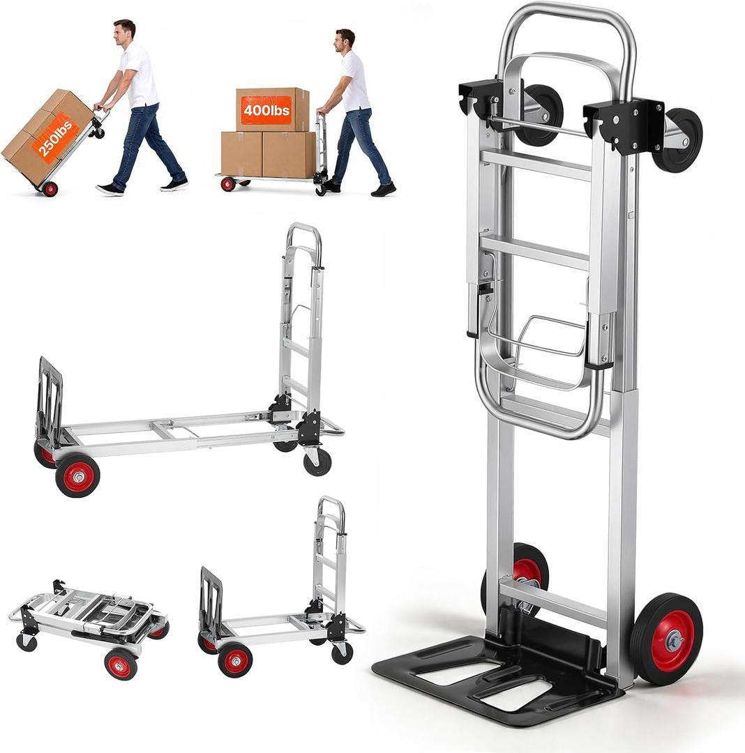 Aluminum Folding Hand Truck, 2 in 1 Design 400 lbs Capacity, Heavy Duty Industrial Collapsible cart, Dolly Cart with Rubber Wheels for Transport and Moving in Warehouse, Supermarket, Garden