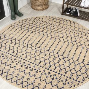 JONATHAN Y Moroccan Geometric Indoor Outdoor Round Area Rug 8 Ft Beige/Navy, Ourika Textured Weave for Backyard, Patio, Porch, Easy-Cleaning, High Traffic, Pet-Friendly, Non-Shedding (SMB108H-8R) (7'9" (Round))