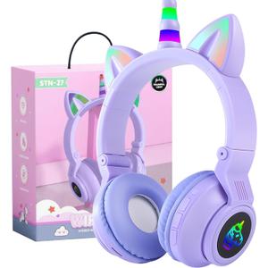 Wireless Headphones for Children, Headphones Bluetooth Unicorn Foldable, Girls with Cable and Microphone Headphones Children with LED Light Stereo Headphones for Mobile Phone/Tablet/PC, Purple 