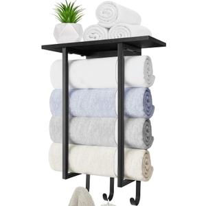 ELITEROO Towel Holder for Bathroom Wall, Towel Rack with Shelf and Hooks, Hanging Towel Organizer for Small Bathroom Storage, Wooden Rolled Towel Shelf for RV, Camper, Black