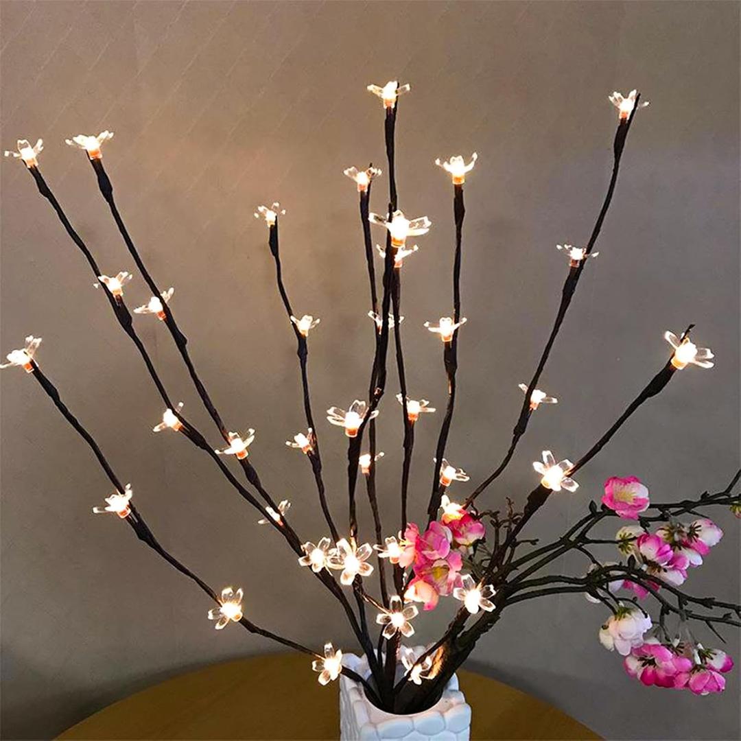 Battery Lighted Fairy Light Tree Pick Indoor Decor, 3 Pack 60 LED Artificial Cherry Blossom Flower Branches Twig Stick Lights for Vase, Valentines Holiday Christmas Decorations (Warm White)