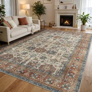 DEXI Area Rugs for Living Room, 8x12 Washable Low Pile Vintage Traditional Rug for Bedroom, Non Slip Large Indoor Carpet for Dining Office Nursery, Rust Red