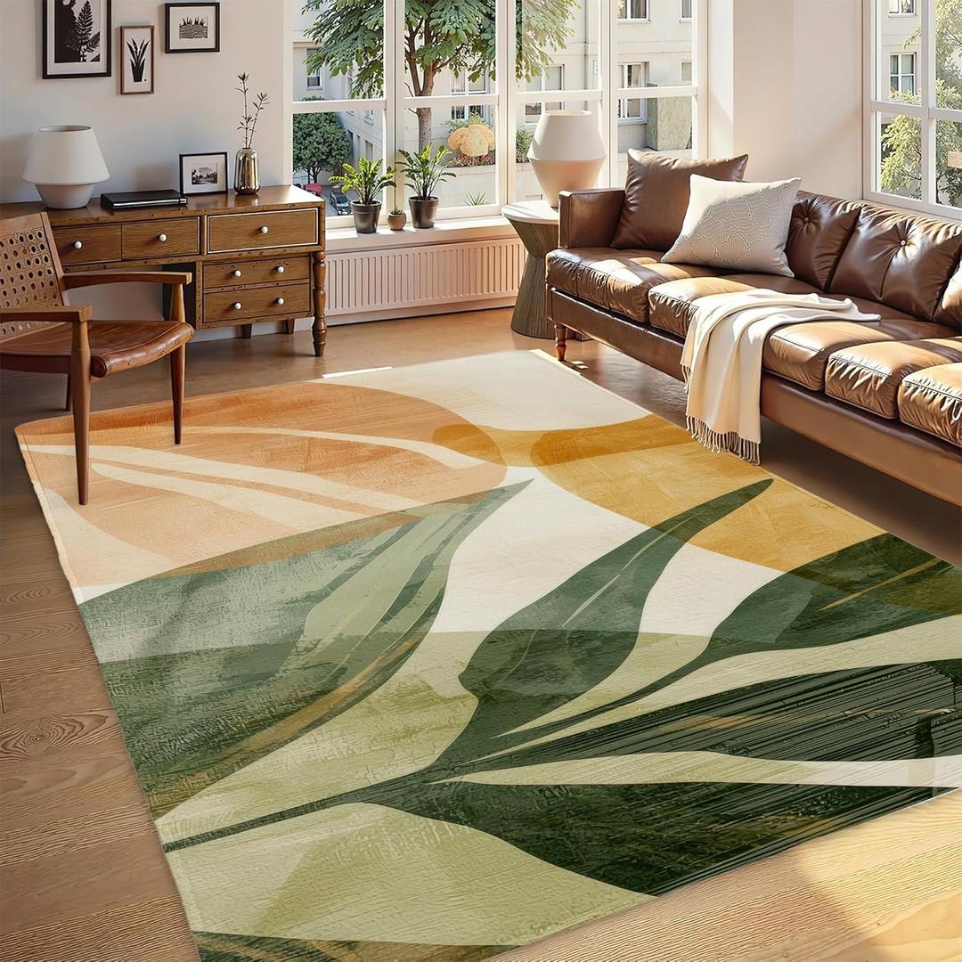 Boho Tropical Leaves Washable Living Room Area Rug, Low Profile Abstract Pattern, Non-Slip Backing Carpet for Kitchen, Bedroom, Dining Room (7'1" x 5' (Rectangular))