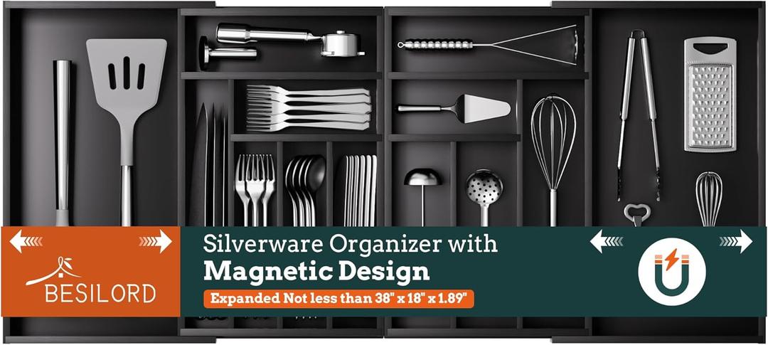 Silverware Organizer Large, Magnetic Connected Expandable 13 Slots Silverware Drawer Organizer From 21 to 37.4 Inches, Adjustable Flatware and Cutlery Holder, Bamboo Utensil Tray for Kitchen Black