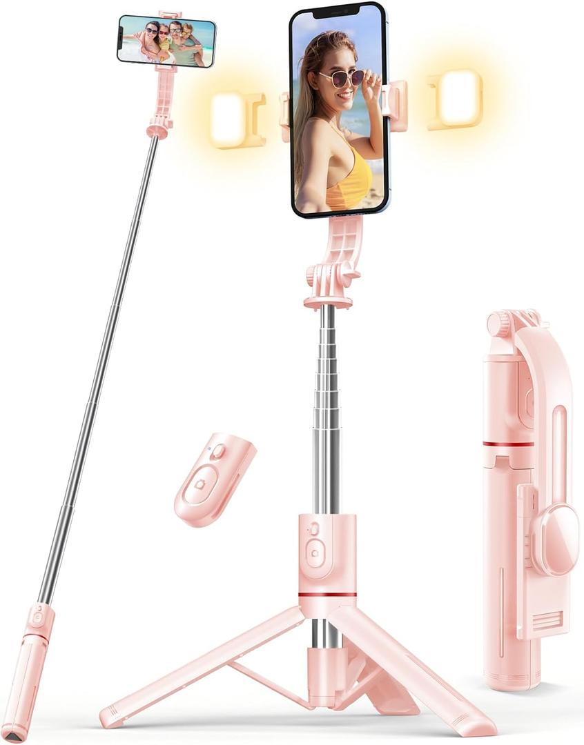 Selfie Stick with Light, 45'' Selfie Stick Tripod with Wireless Remote, Portable Travel Phone Tripod Compatible with iPhone 15 Pro Max/15/14 Pro/14/13, Samsung S22/ S23 Ultra/Android Smartphone (Pink)