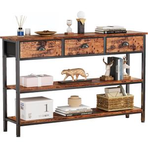 Furologee Long 47" Console Sofa Table with 3 Drawers, Entryway Table with 3-Tier Storage Shelves, Industrial Display Shelf for Entry Way, Hallway, Couch, Living Room, Kitchen, Foyer, Rustic Brown (47.2 inch)