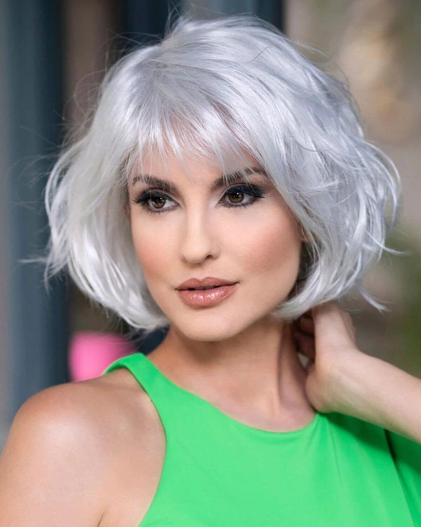 Sallcks Womens Short White Bob Wig with Bangs Heat Resistant Synthetic Hair Wig for Halloween Cosplay Costume Party