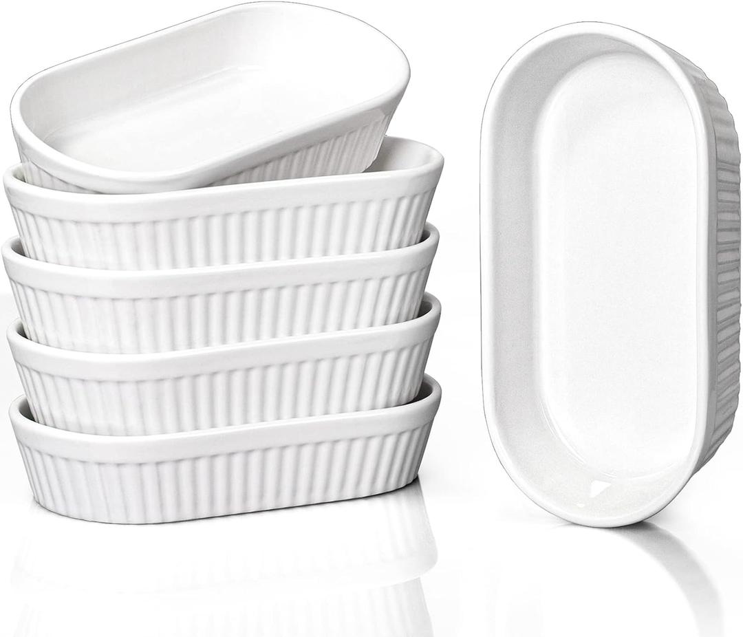 Delling 8 Oz Ramekins - Oval Crme Brulee Ramekins for Baking, Souffle Dishes Oven Safe, Ceramic Dessert Bowls, Set of 6, White