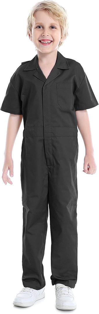TopTie Boy's Coverall Child's Mechanic Halloween Costume Jumpsuit Short Sleeve (10 Years, Black)