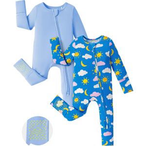 PATPAT Baby Footie Romper, Viscose from Bamboo, Long Sleeve, 2-Way Zipper, Fold-Over Mittens, Cuffs & Anti-Slip Grips (Newborn, Blue Sky)