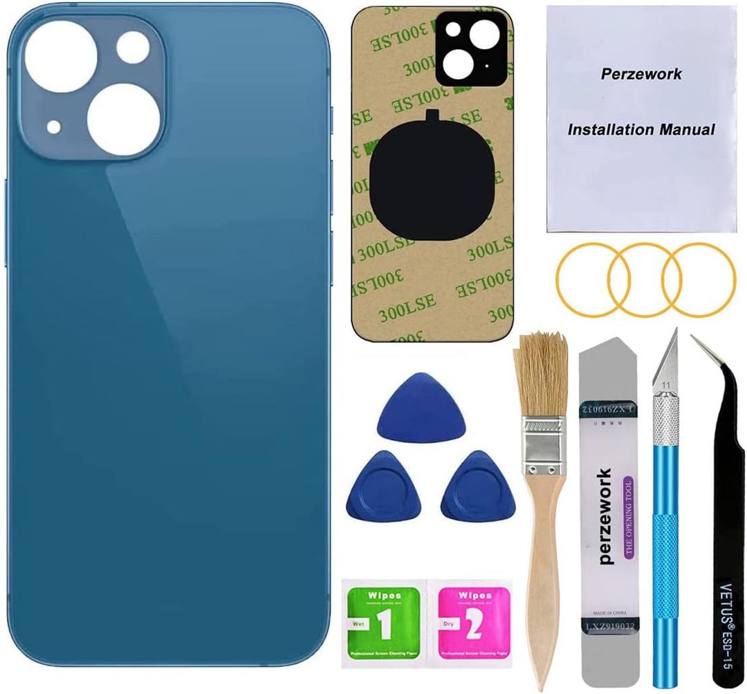 OEM Back Glass Replacement for iPhone 13 6.1 inch (Blue) All Carriers with Pre-Installed Adhesive and Professional Repair Tool Kits