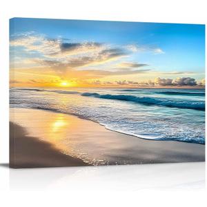 Beach Ocean Waves Canvas Print Wall Art - Sand Sea Sunrise Seaside Coastal Hawaiian Scene - Wall Decor Modern Artwork Paintings Pictures for Living Room Stretched and Framed Ready to Hang - 24" x 36"