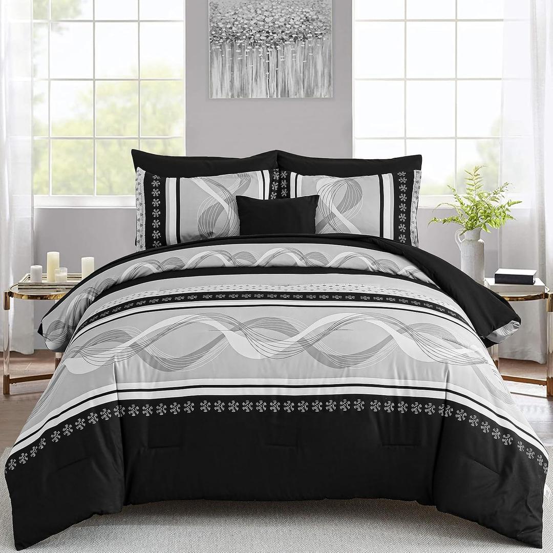 Bedding set Anibedding Black Comforter Set King Size,8 Pieces Boho Bed in a Bag Patchwork Striped Comforter Set, Soft Microfiber Bedding Set for All Season(104"×90")