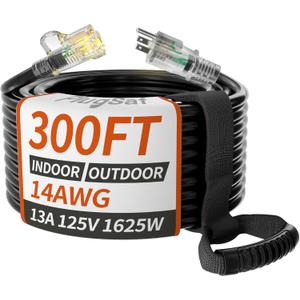 14/3 Gauge Black Outdoor Extension Cord 300 ft Waterproof with Lighted Indicator, Cold Weatherproof -40C, Flexible 3 Prong Long Extension Cord Outside,13A 1625W 14AWG SJTW, ETL Listed