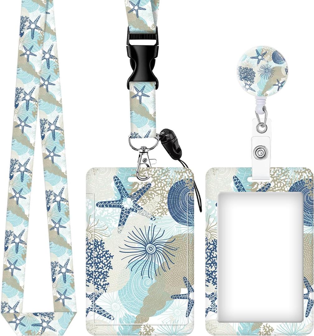 ID Badge Holder with Retractable and Detachable Lanyard, Cute Badge Reel Breakaway Lanyard with Carabiner Clip for Teachers, Nurses, Perfect Work and Office(Cute Algae Corals Seashells)